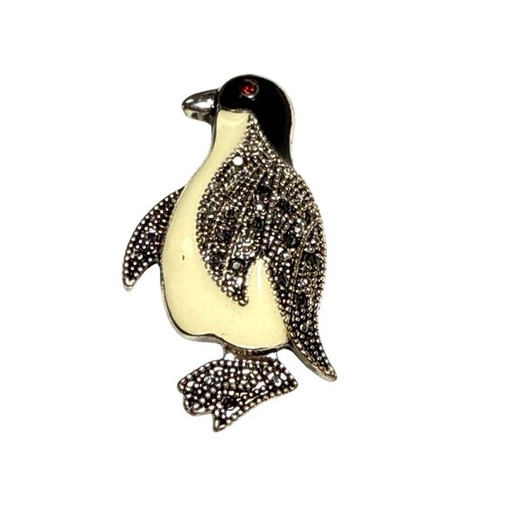 Penguin Brooch Sterling Silver Marcasite Simulated Ruby European Vintage Style - Picture 7 of 8